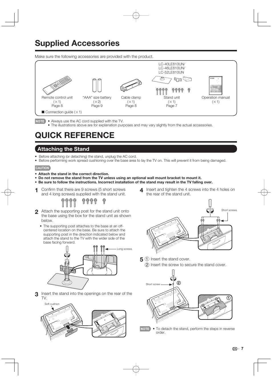 Supplied accessories, Quick reference, Attaching the stand | Sharp AQUOS 10P02-MX-NM User Manual | Page 9 / 72