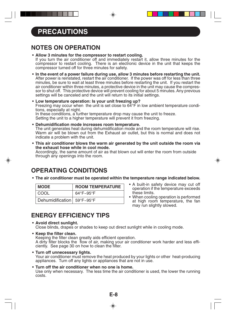 Precautions, Operating conditions, Energy efficiency tips | Sharp CV -P09FX User Manual | Page 10 / 33