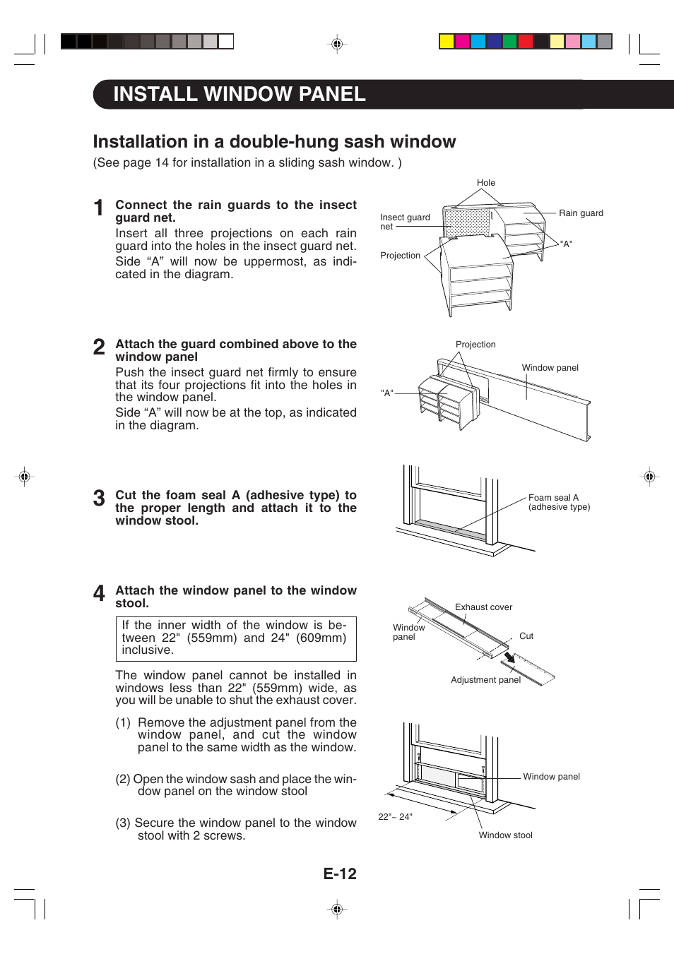 Install window panel, Installation in a double-hung sash window, E-12 | Sharp CV -P09FX User Manual | Page 14 / 33