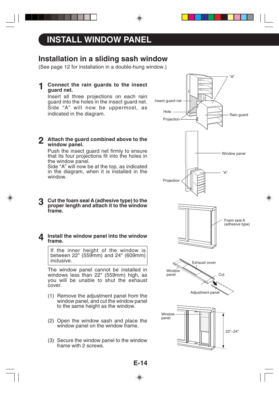 Install window panel, Installation in a sliding sash window, E-14 | Sharp CV -P09FX User Manual | Page 16 / 33