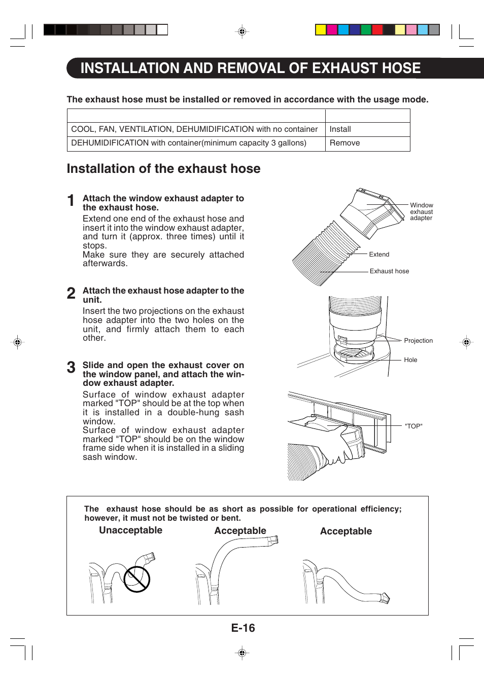 Installation and removal of exhaust hose, Installation of the exhaust hose, E-16 | Sharp CV -P09FX User Manual | Page 18 / 33