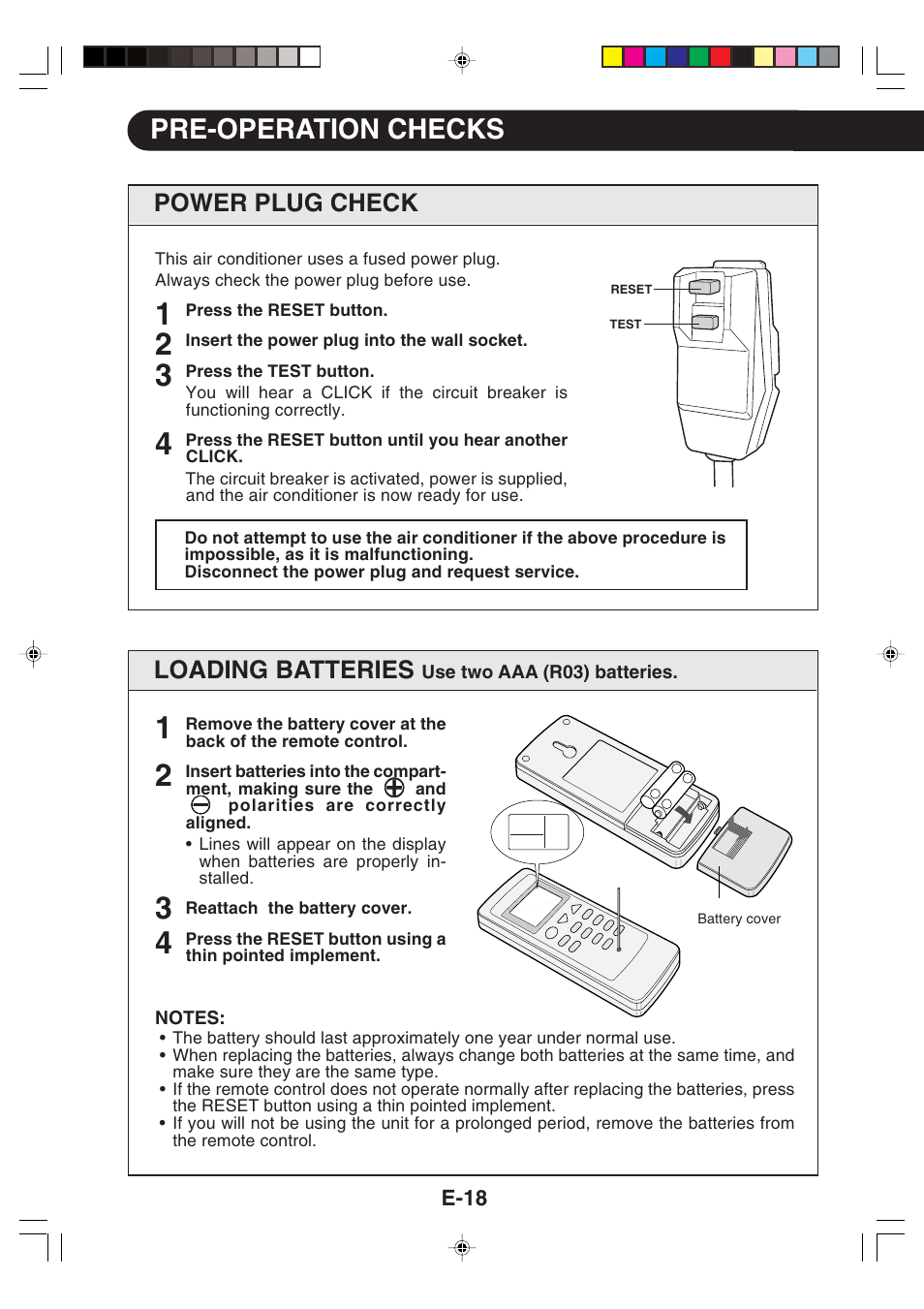 Pre-operation checks, Loading batteries, Power plug check | Sharp CV -P09FX User Manual | Page 20 / 33