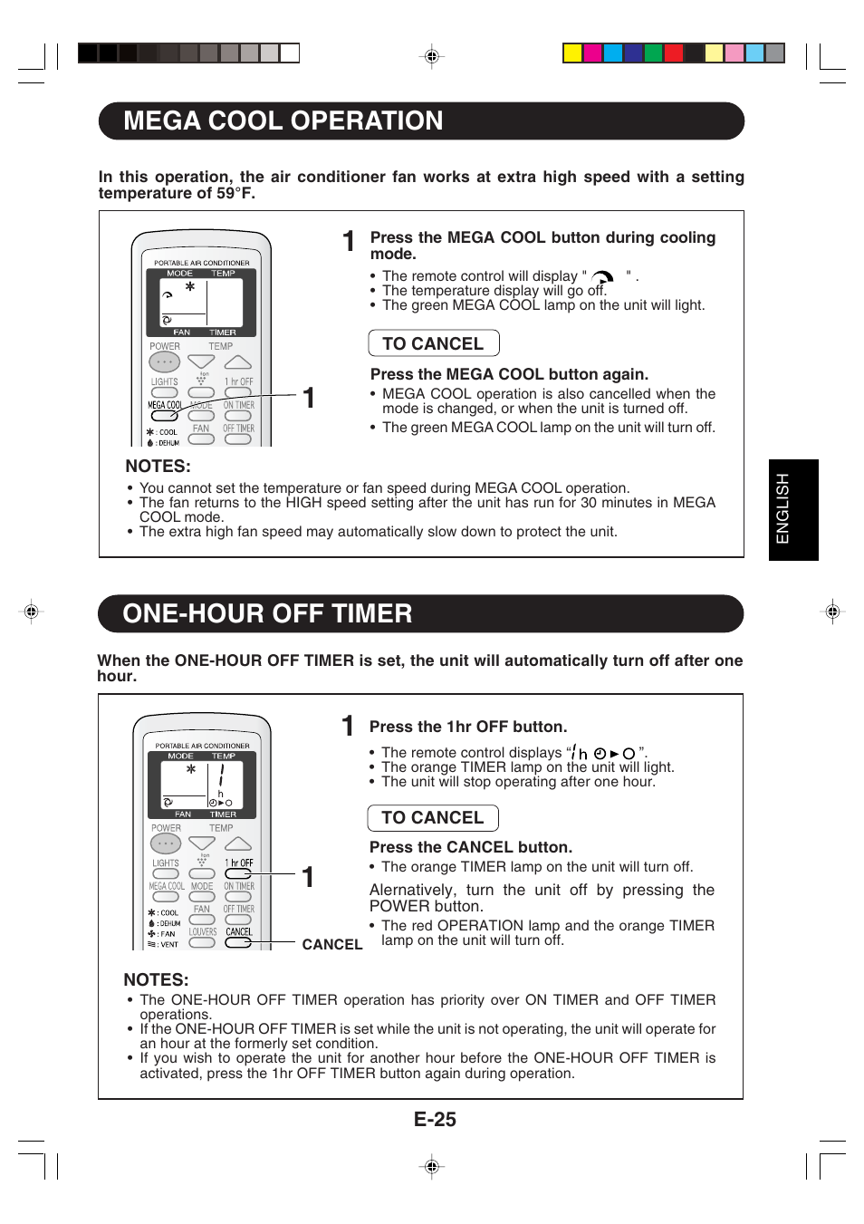 Mega cool operation, One-hour off timer | Sharp CV -P09FX User Manual | Page 27 / 33