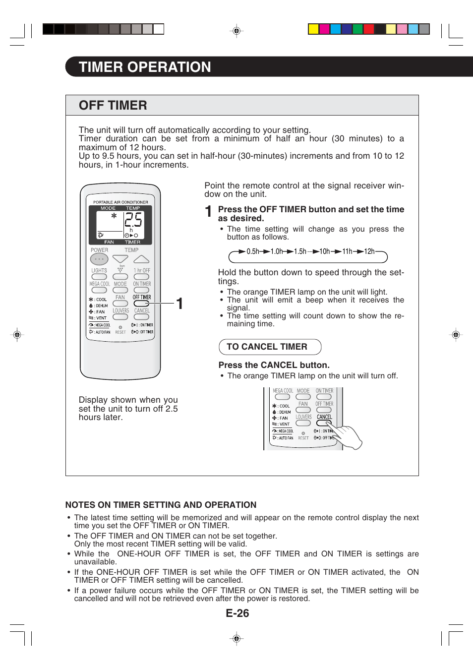 Timer operation, Off timer, E-26 | Sharp CV -P09FX User Manual | Page 28 / 33