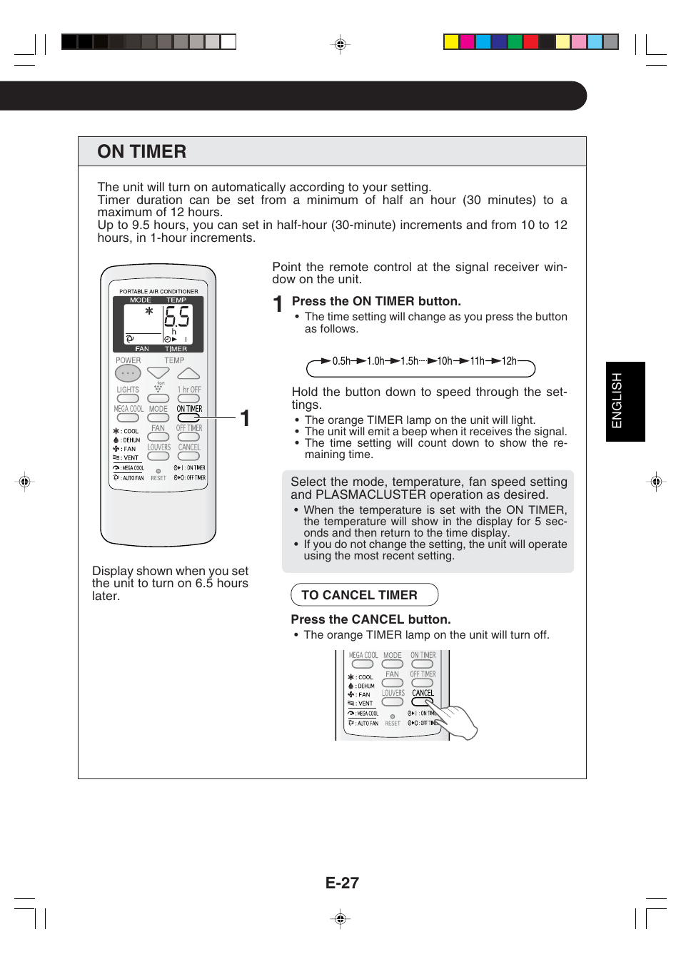 On timer, E-27 | Sharp CV -P09FX User Manual | Page 29 / 33