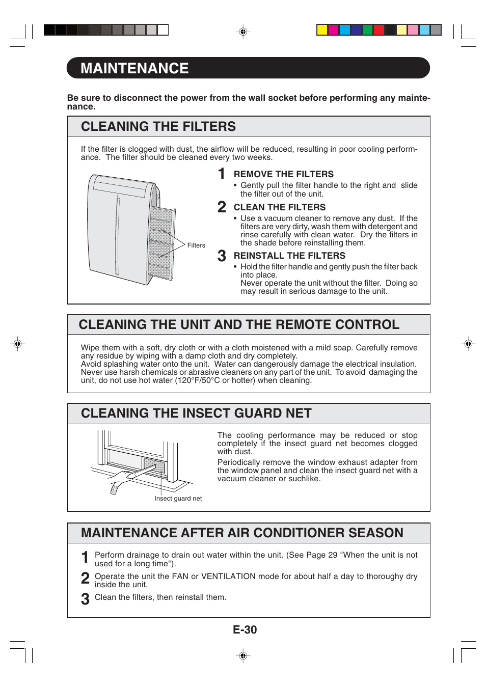 Maintenance, Cleaning the unit and the remote control, Cleaning the insect guard net | Cleaning the filters, Maintenance after air conditioner season | Sharp CV -P09FX User Manual | Page 32 / 33