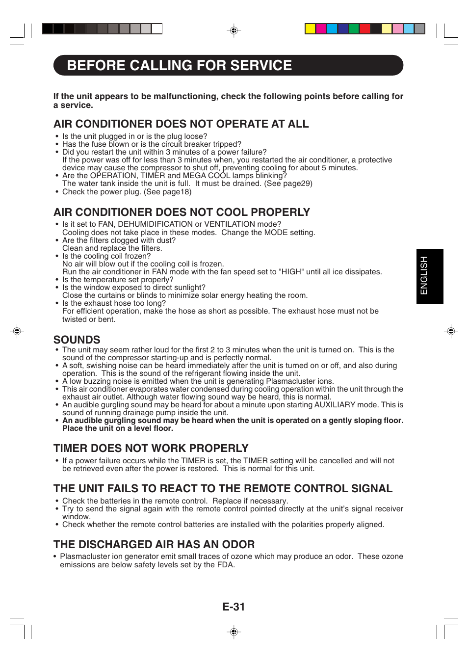 Before calling for service, Air conditioner does not operate at all, Air conditioner does not cool properly | Sounds, Timer does not work properly, The discharged air has an odor, E-31 | Sharp CV -P09FX User Manual | Page 33 / 33