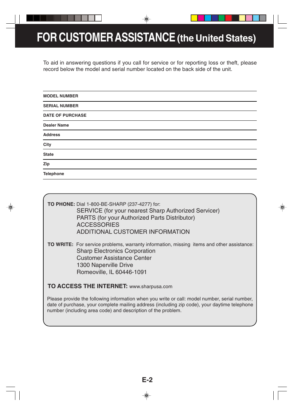 For customer assistance, The united states) | Sharp CV -P09FX User Manual | Page 4 / 33