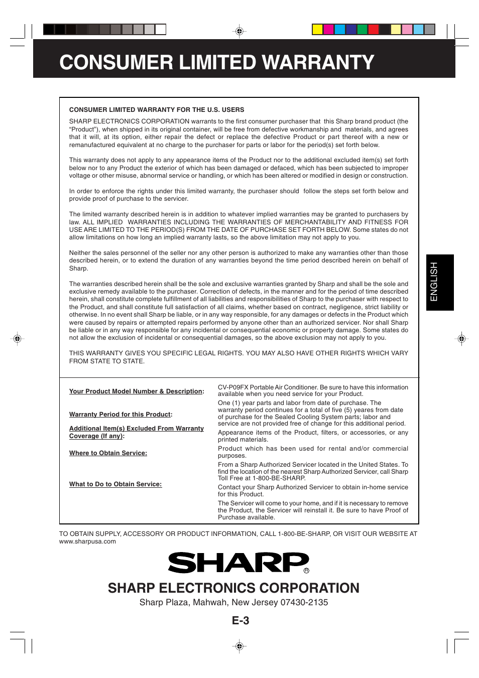 Consumer limited warranty, Sharp electronics corporation | Sharp CV -P09FX User Manual | Page 5 / 33