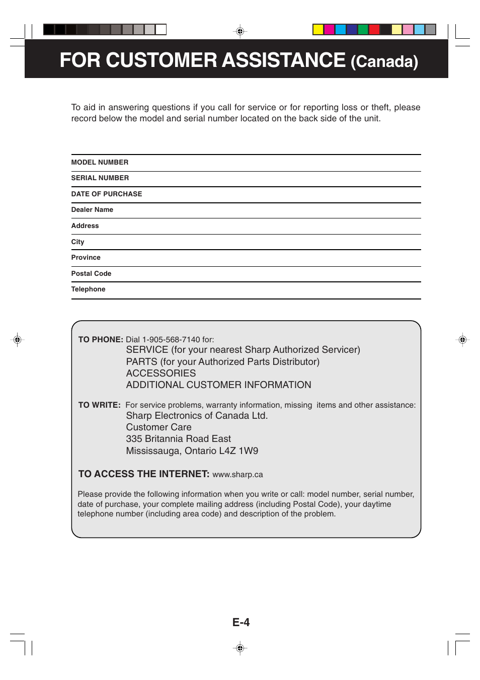 For customer assistance, Canada) | Sharp CV -P09FX User Manual | Page 6 / 33