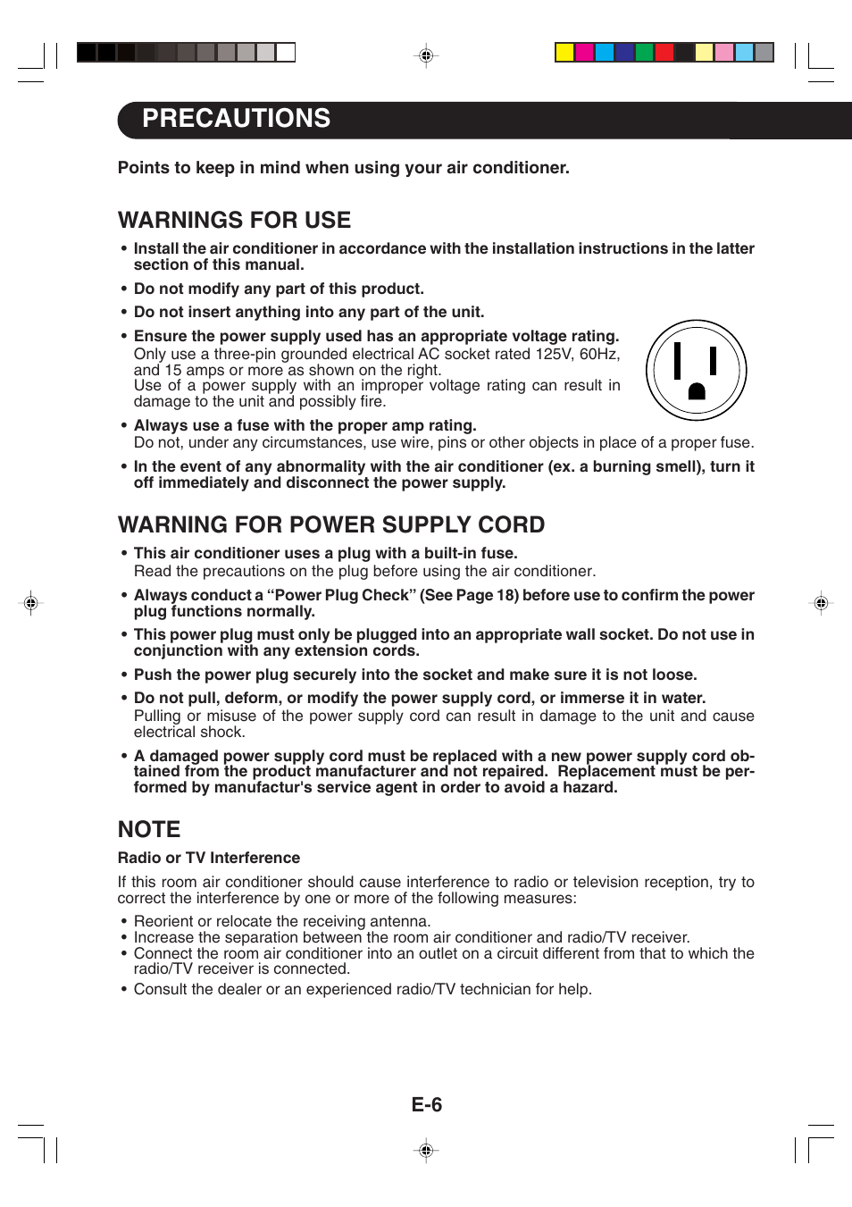 Precautions, Warnings for use, Warning for power supply cord | Sharp CV -P09FX User Manual | Page 8 / 33