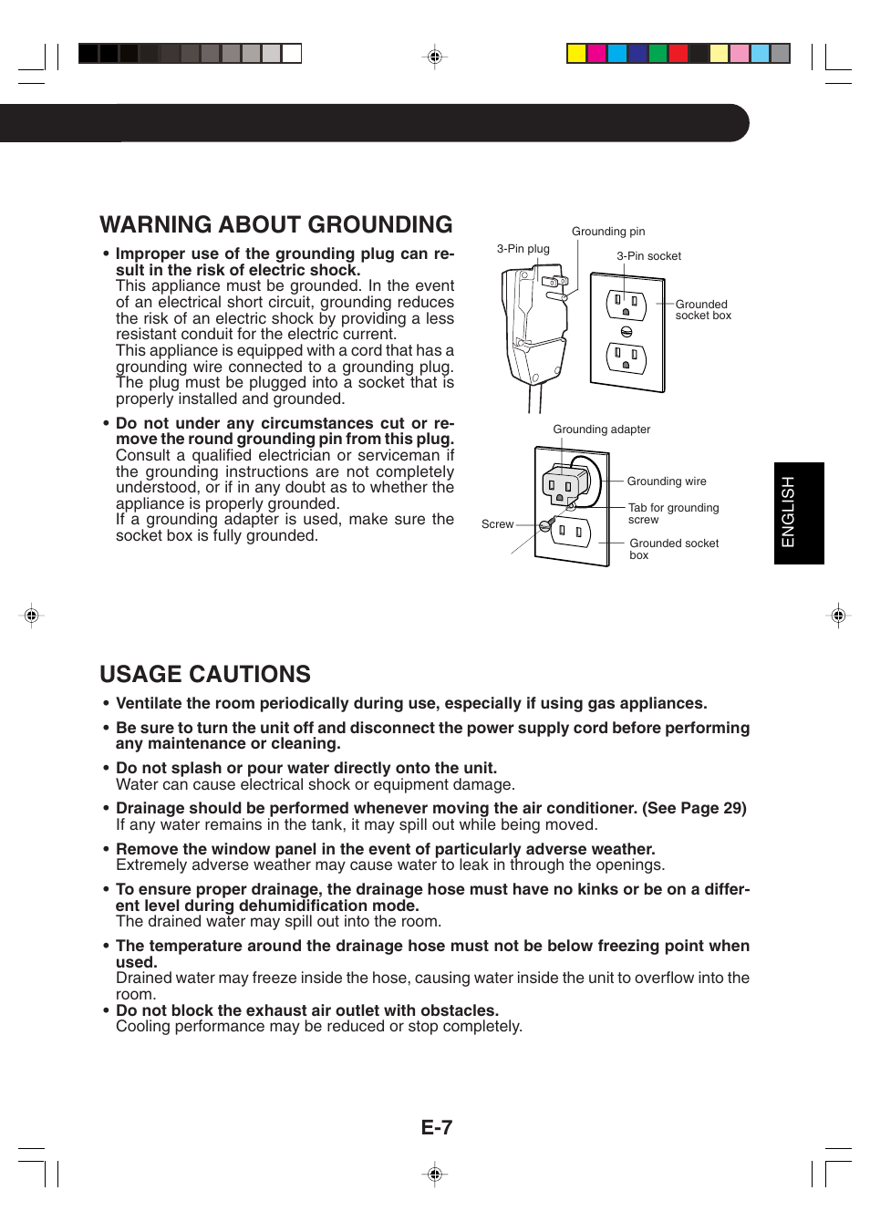 Warning about grounding, Usage cautions | Sharp CV -P09FX User Manual | Page 9 / 33