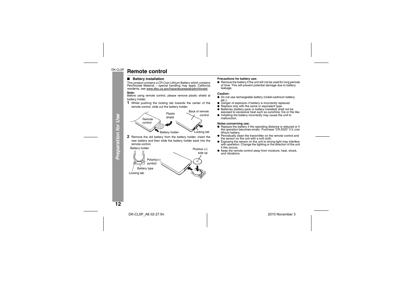 Remote control, Battery installation, Pr epa rat io n for use | Sharp DK-CL5P User Manual | Page 12 / 32