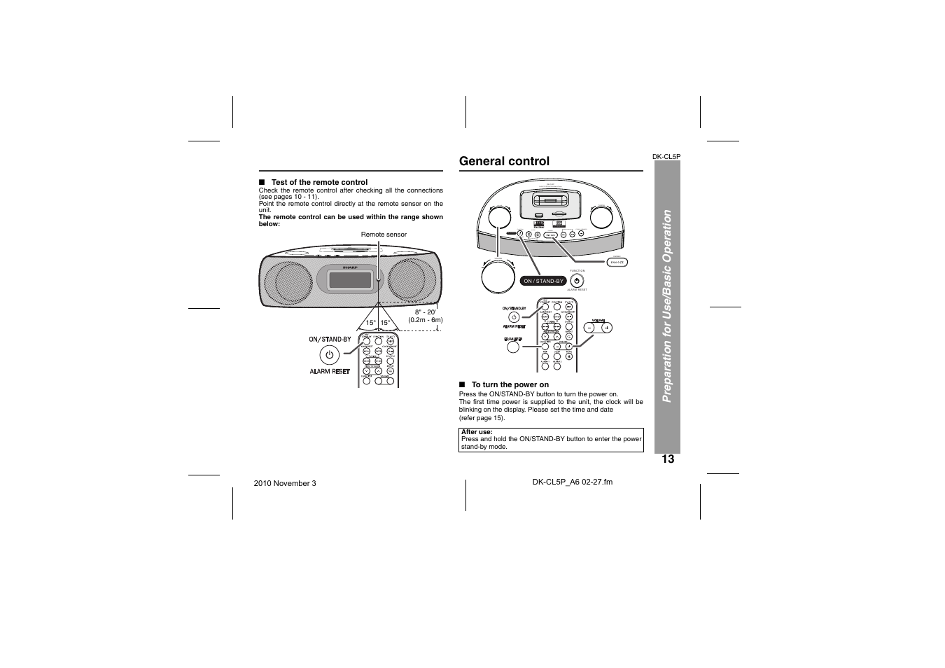 Test of the remote control, Basic operation, General control | To turn the power on | Sharp DK-CL5P User Manual | Page 13 / 32