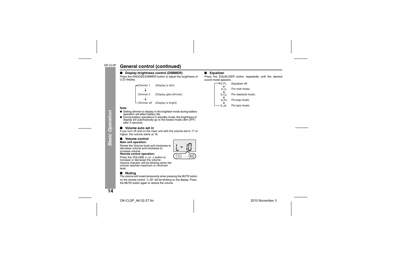 Display brightness control (dimmer), Volume auto set in, Volume control | Muting, Equalizer, Ba sic o p era ti o n general control (continued) | Sharp DK-CL5P User Manual | Page 14 / 32