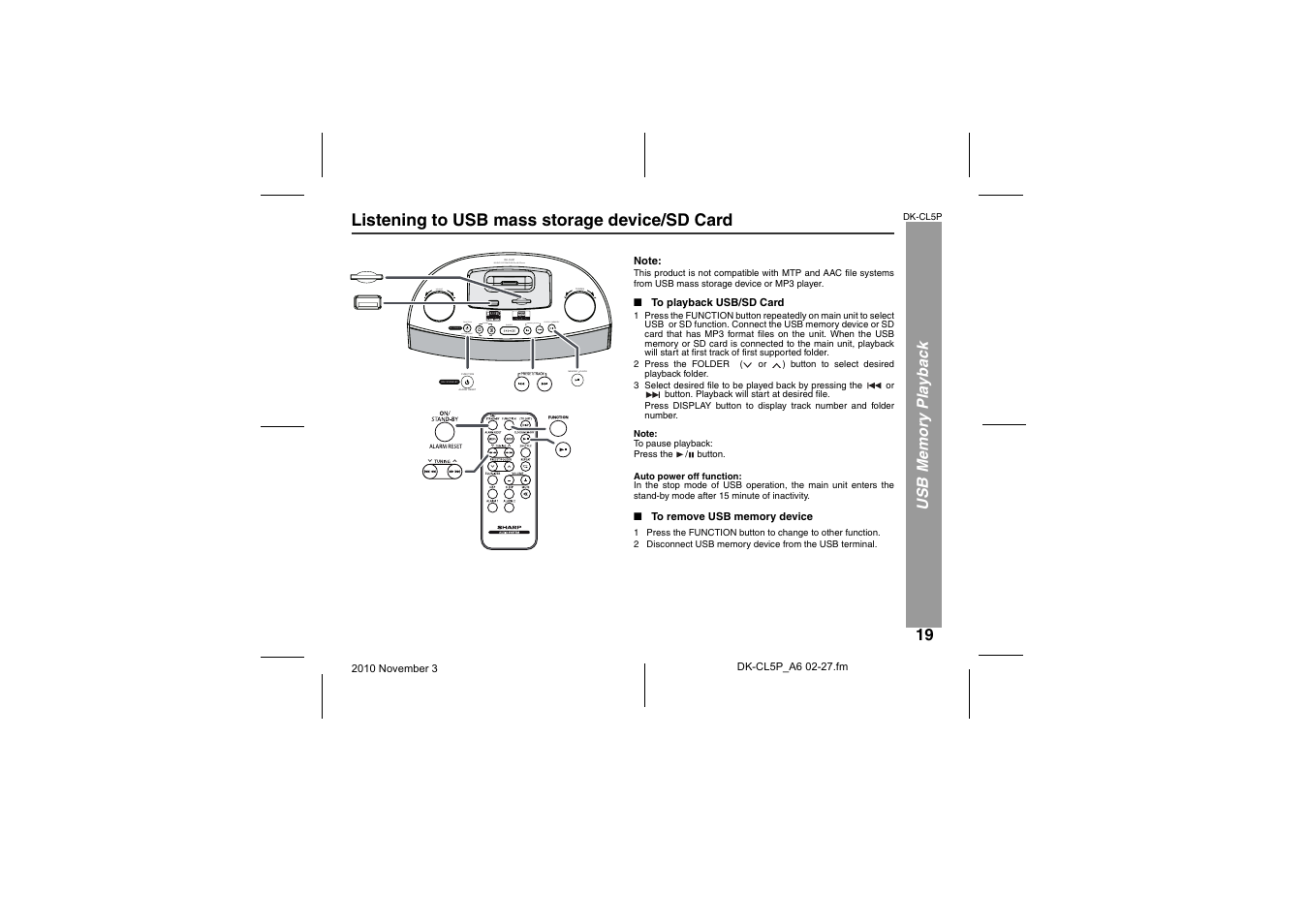 Usb memory playback, Listening to usb mass storage device/sd card, To playback usb/sd card | To remove usb memory device, Preset track | Sharp DK-CL5P User Manual | Page 19 / 32