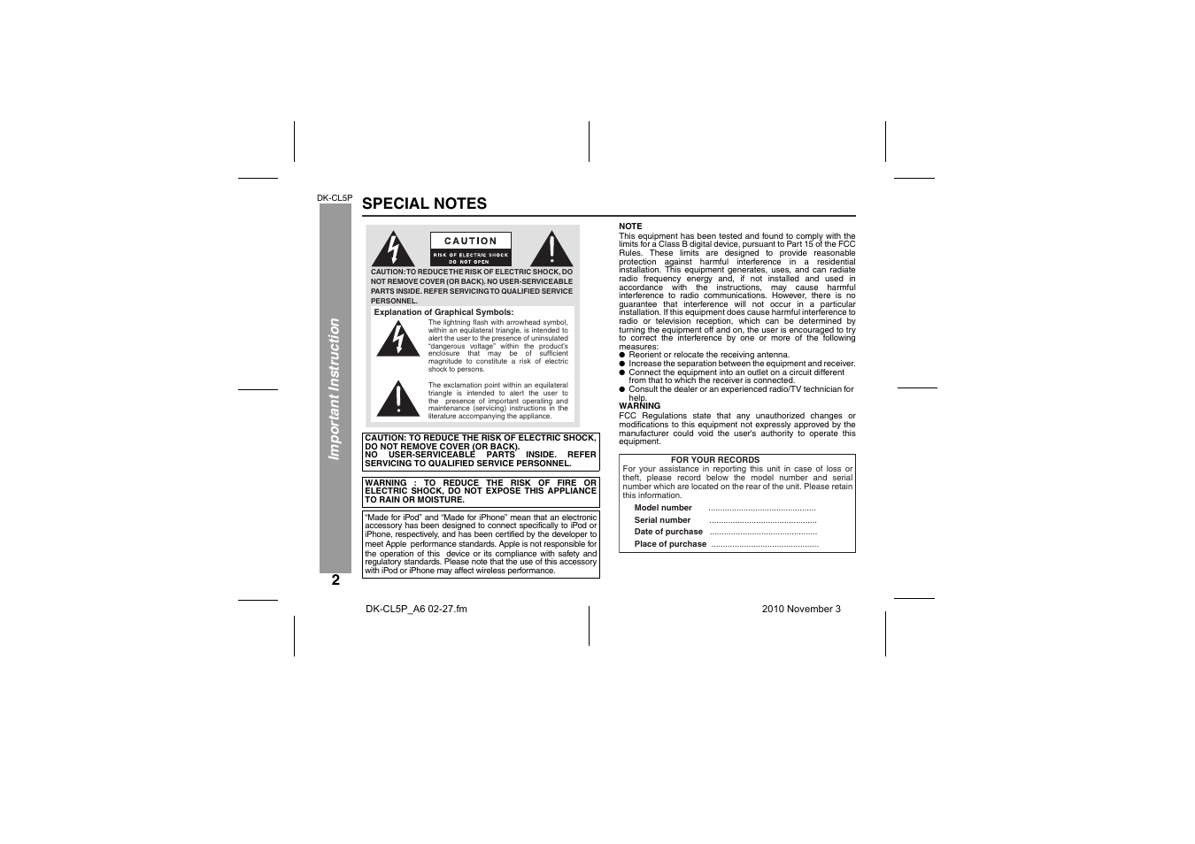 Important instruction, Special notes, Import ant ins tr u ct io n | Sharp DK-CL5P User Manual | Page 2 / 32