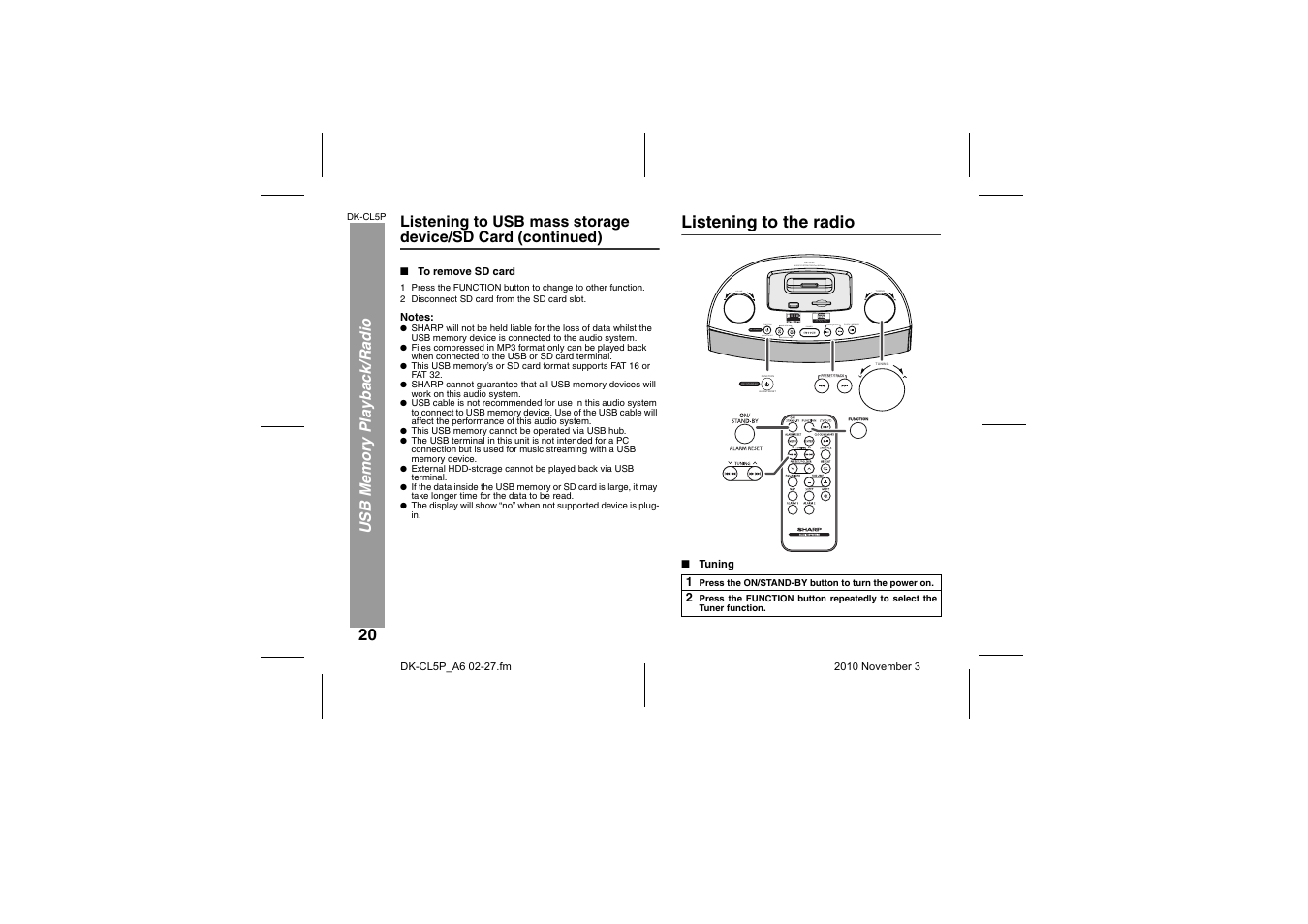 To remove sd card, Radio, Listening to the radio | Tuning, Function alarm reset on / stand-by, Preset track | Sharp DK-CL5P User Manual | Page 20 / 32