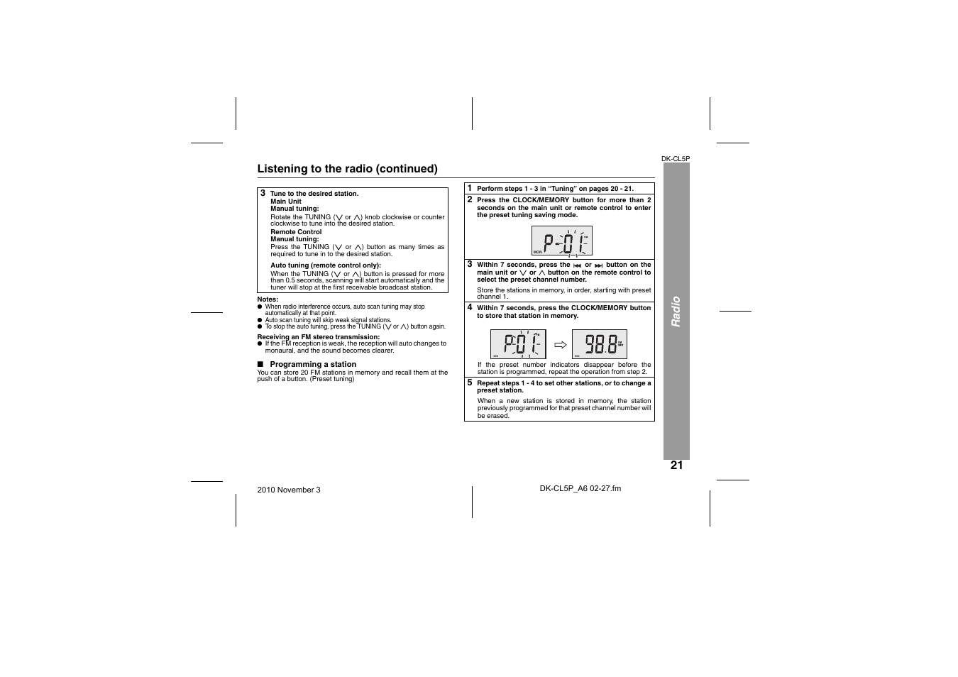 Programming a station, Radio listening to the radio (continued) | Sharp DK-CL5P User Manual | Page 21 / 32