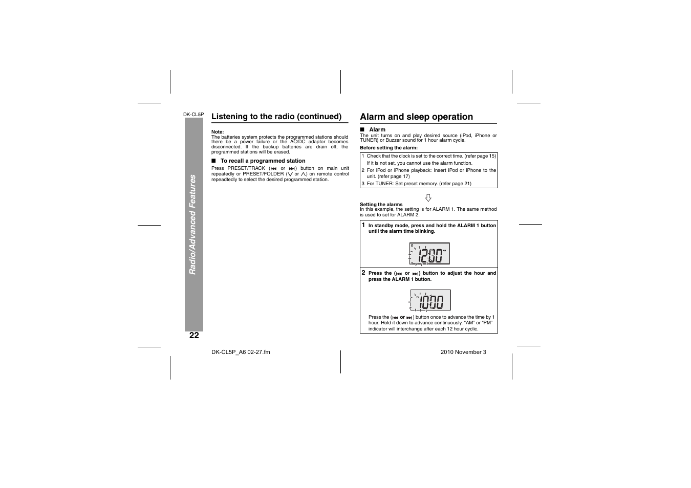 To recall a programmed station, Advanced features, Alarm and sleep operation | Alarm | Sharp DK-CL5P User Manual | Page 22 / 32