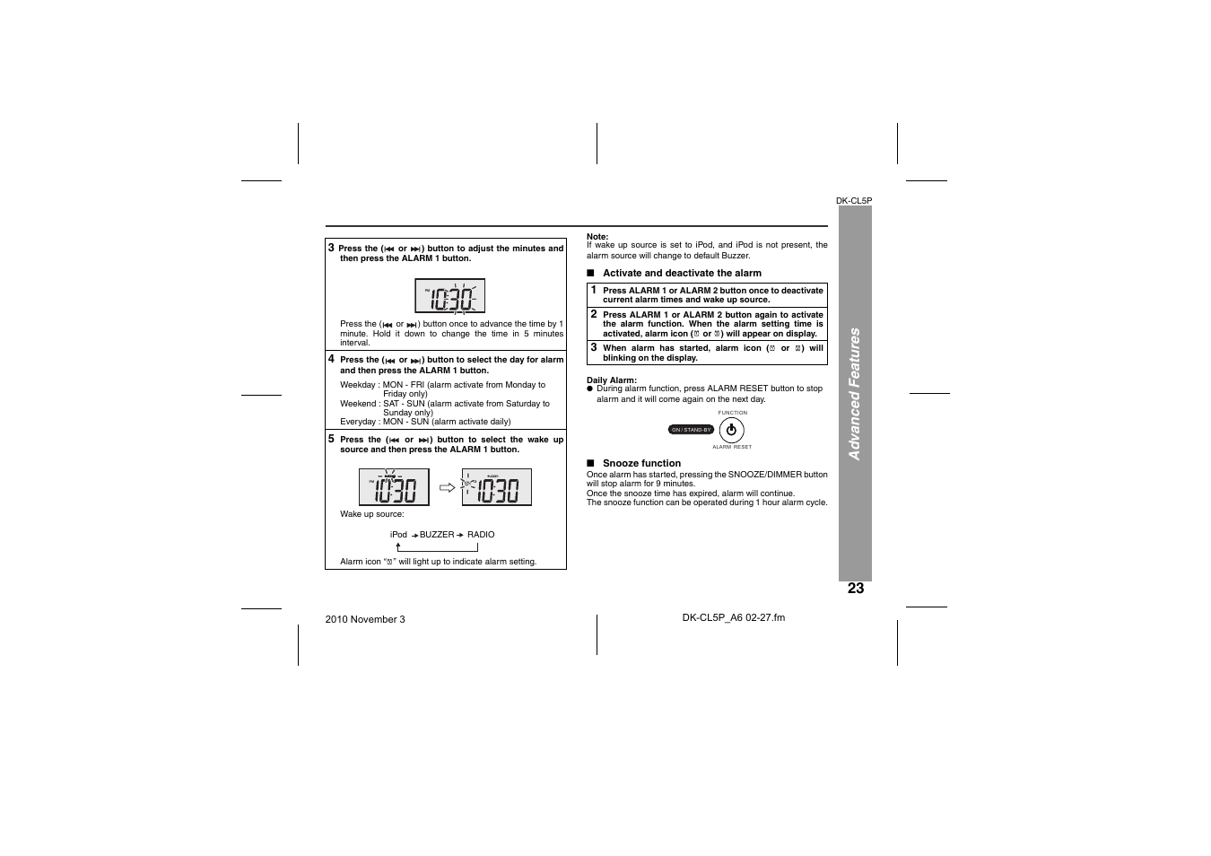 Activate and deactivate the alarm, Snooze function, Adva nce d fea ture s | Sharp DK-CL5P User Manual | Page 23 / 32