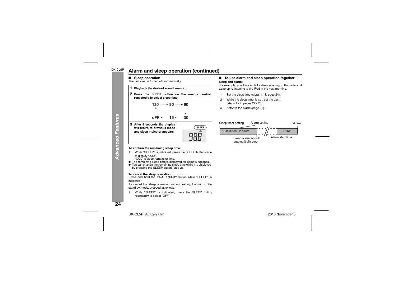 Sleep operation, To use alarm and sleep operation together | Sharp DK-CL5P User Manual | Page 24 / 32