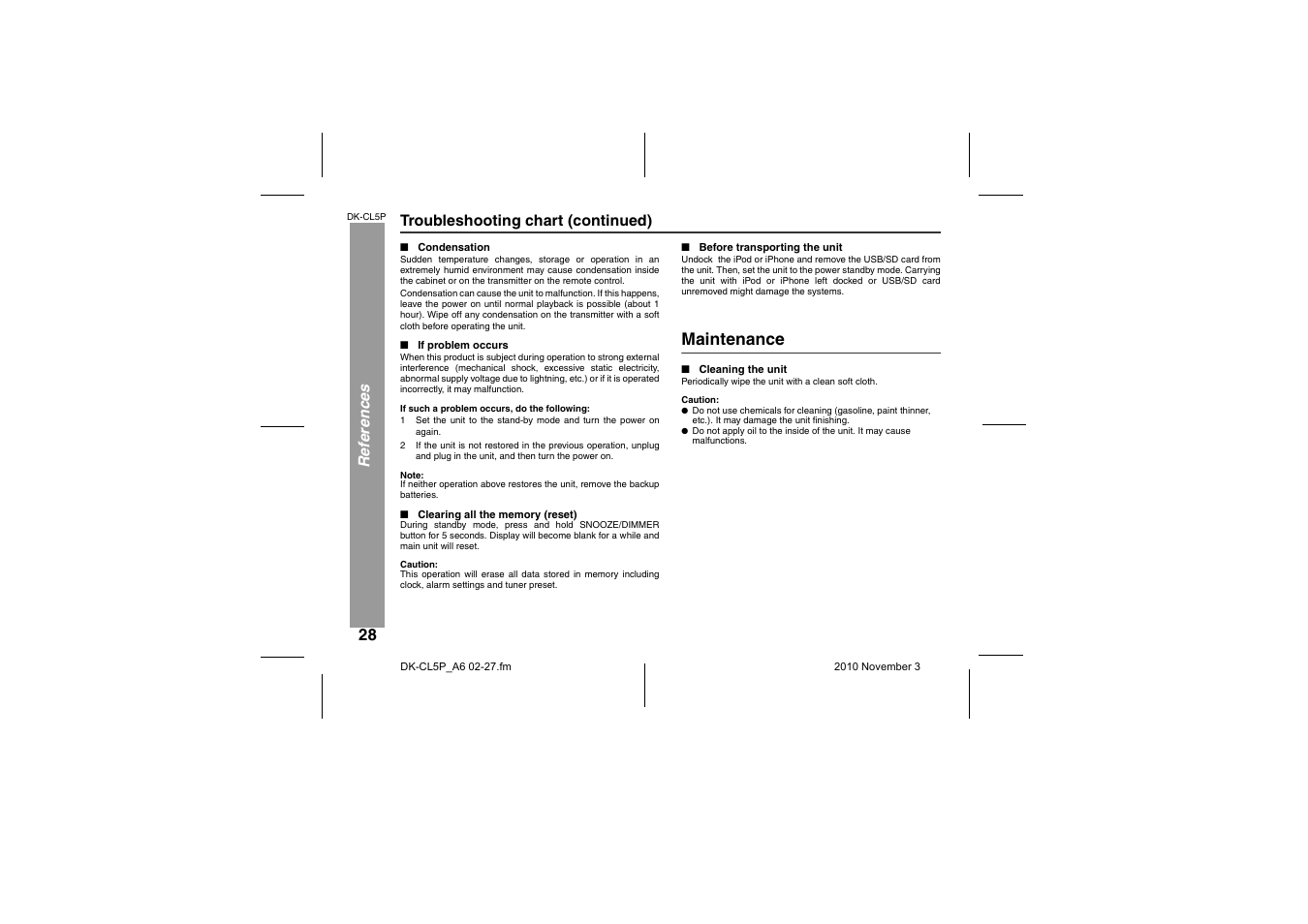 Condensation, If problem occurs, Clearing all the memory (reset) | Before transporting the unit, Maintenance, Cleaning the unit, Re fe renc es troubleshooting chart (continued) | Sharp DK-CL5P User Manual | Page 28 / 32