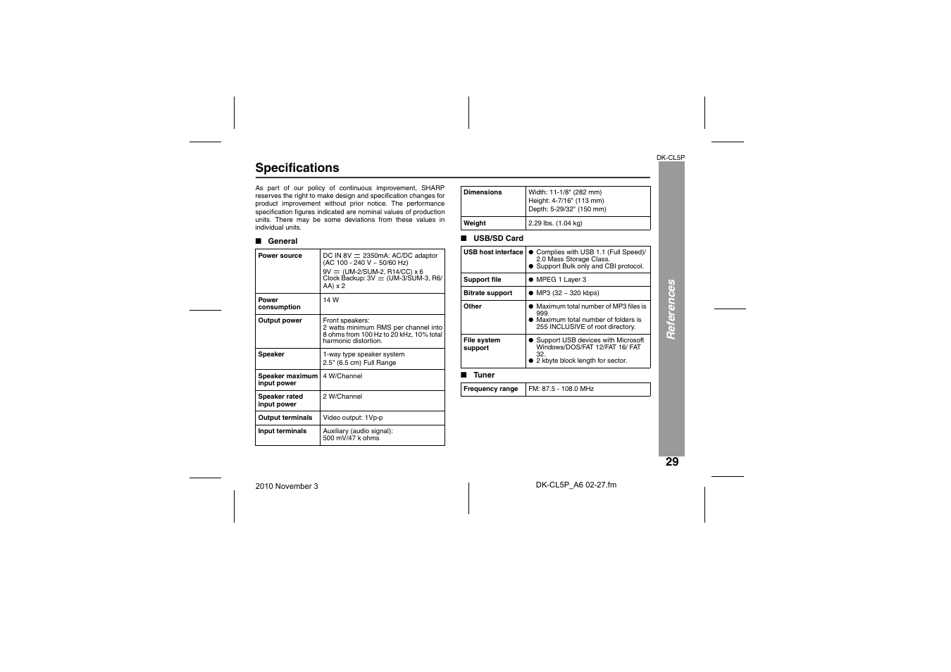 Specifications, General, Usb/sd card | Tuner, Re fe renc es | Sharp DK-CL5P User Manual | Page 29 / 32