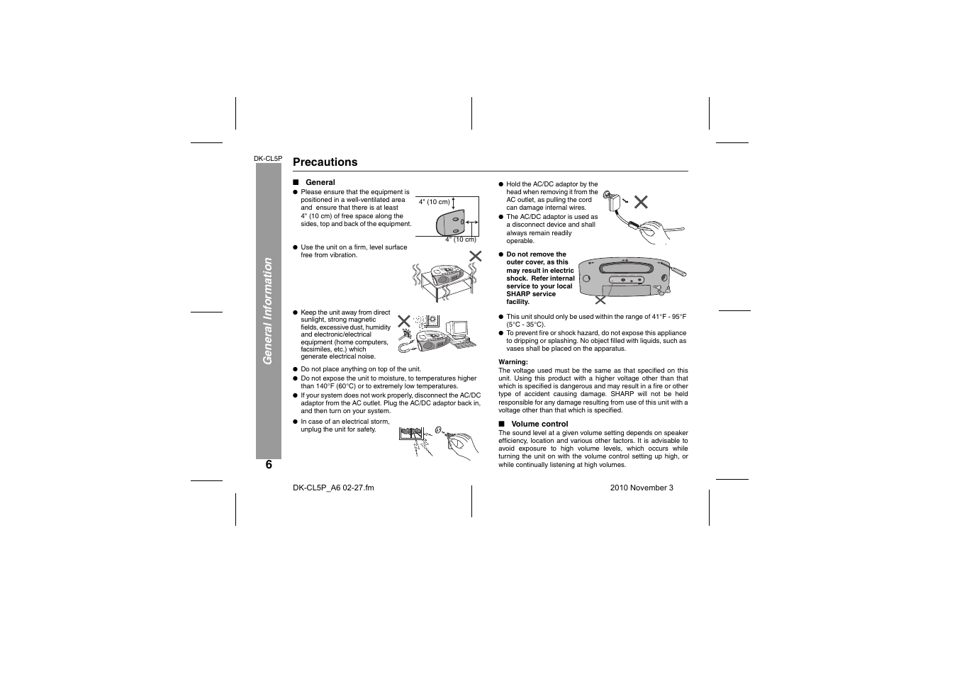 Precautions, General, Volume control | Sharp DK-CL5P User Manual | Page 6 / 32