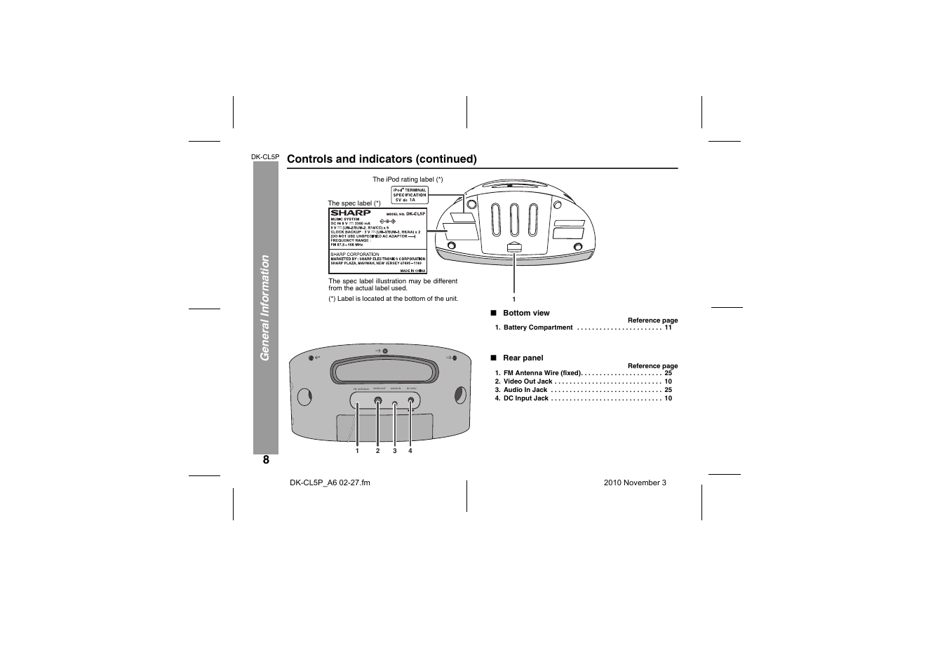 Bottom view, Rear panel | Sharp DK-CL5P User Manual | Page 8 / 32