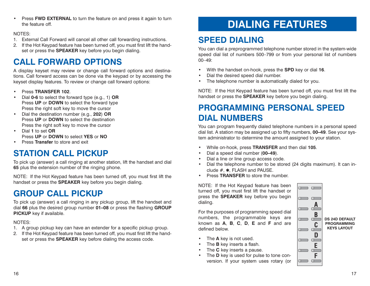 Dialing features, Speed dialing, Programming personal speed dial numbers | Call forward options, Station call pickup, Group call pickup | Sharp DS 24D User Manual | Page 11 / 24