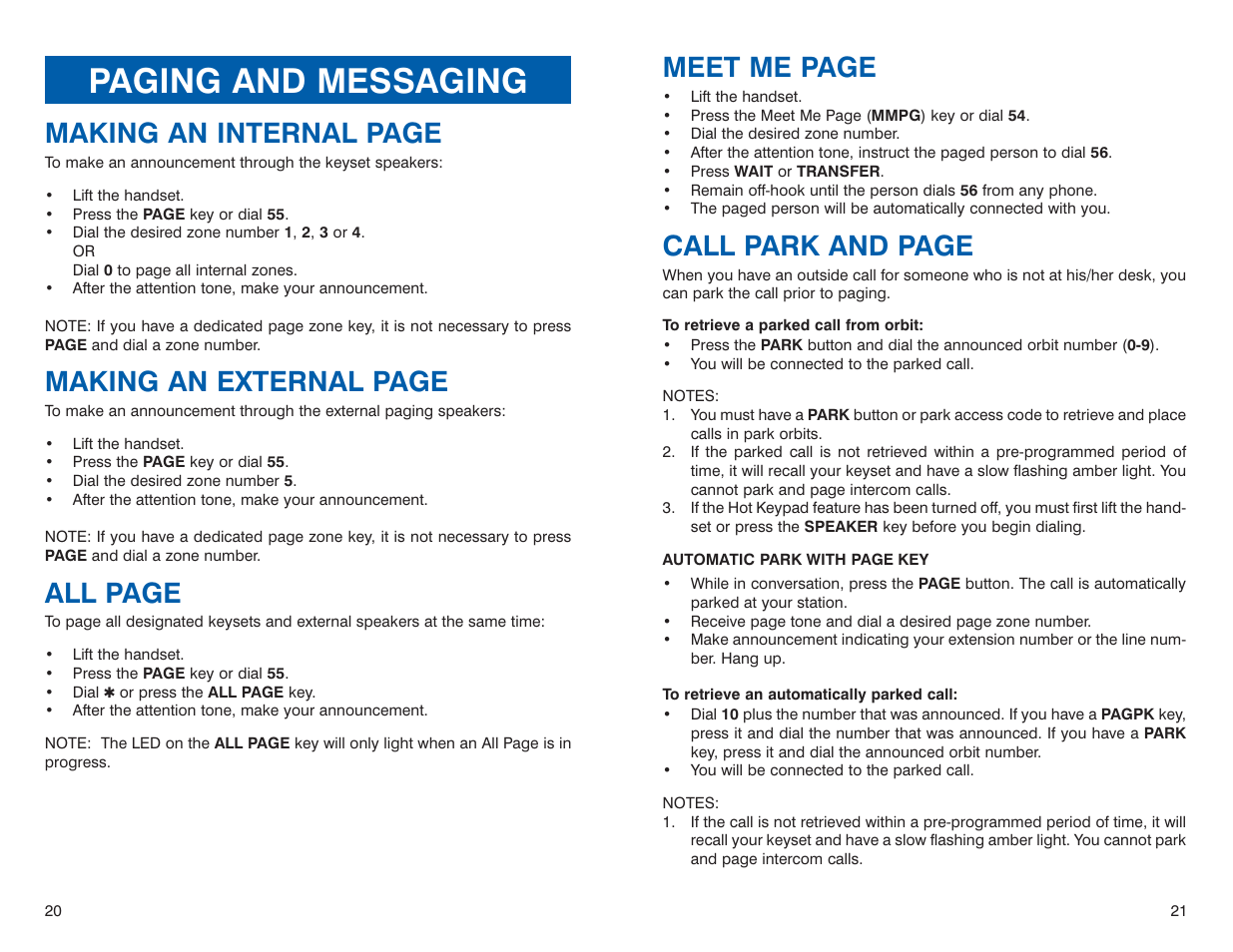 Paging and messaging, Meet me page, Call park and page | Making an internal page, Making an external page, All page | Sharp DS 24D User Manual | Page 13 / 24