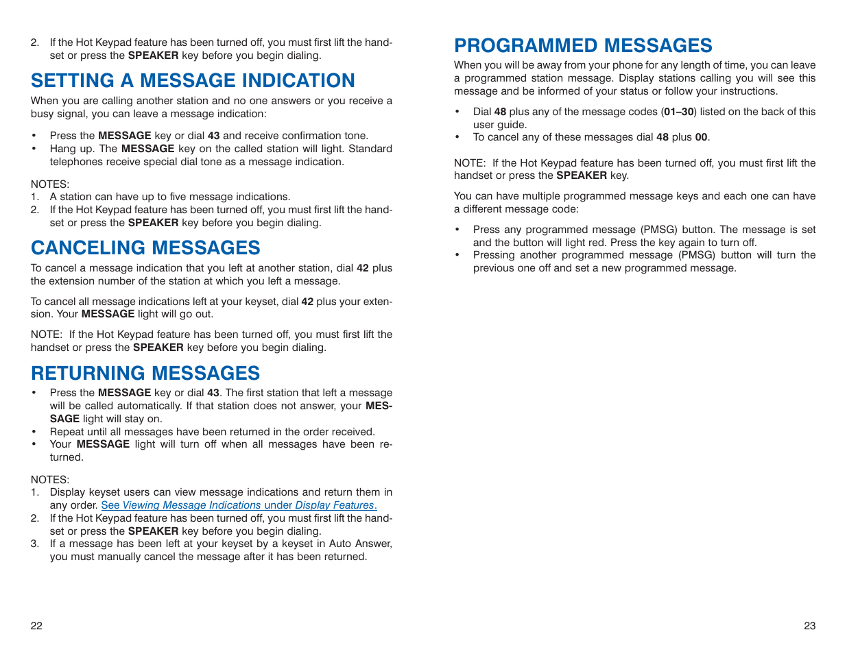 Programmed messages, Setting a message indication, Canceling messages | Returning messages | Sharp DS 24D User Manual | Page 14 / 24