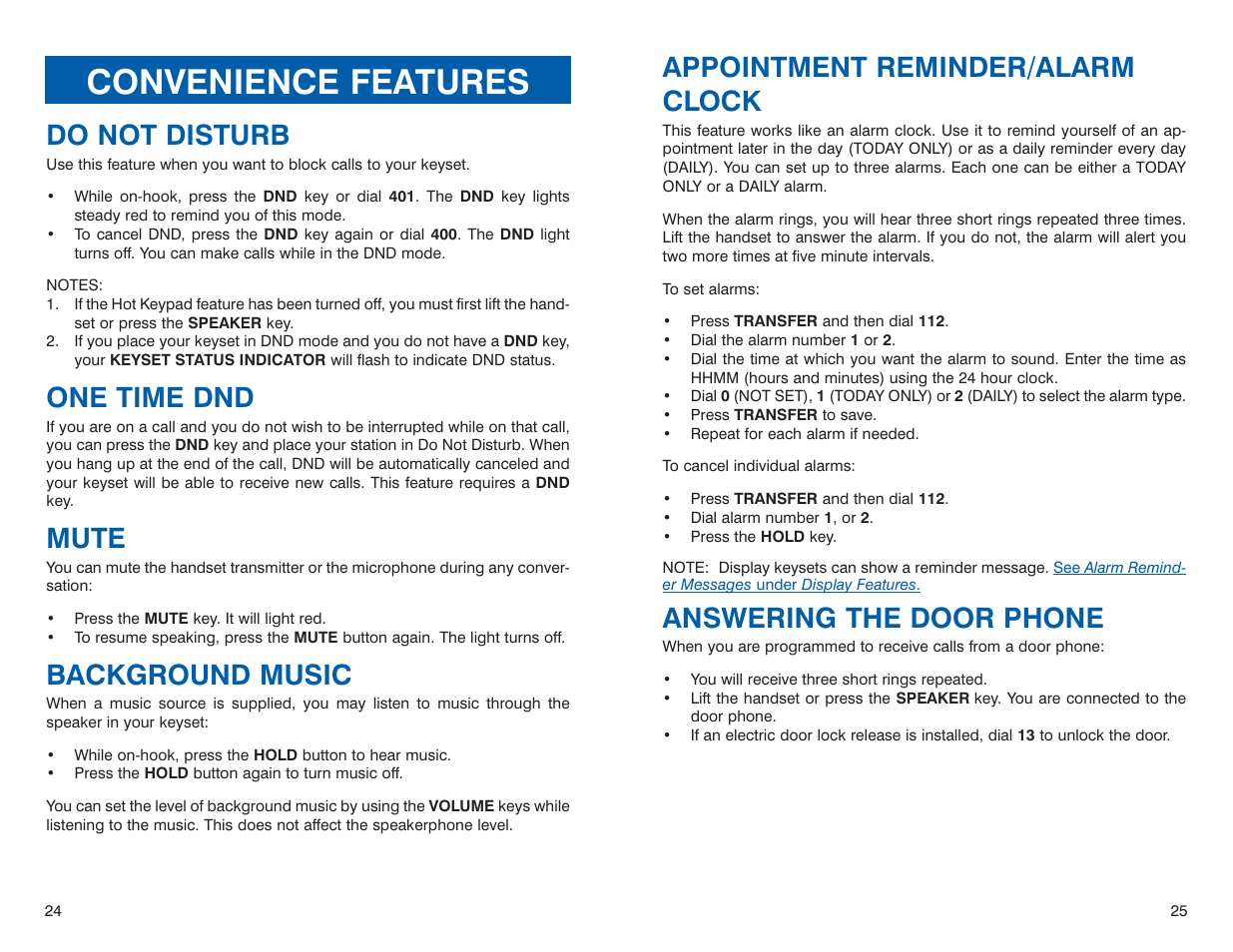 Convenience features, Appointment reminder/alarm clock, Answering the door phone | Do not disturb, One time dnd, Mute, Background music | Sharp DS 24D User Manual | Page 15 / 24