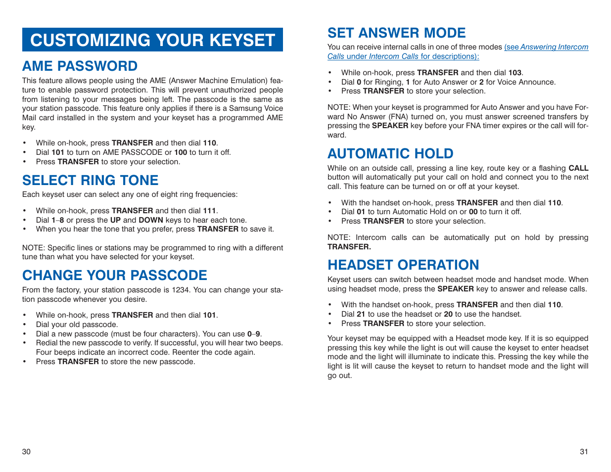 Customizing your keyset, Set answer mode, Automatic hold | Headset operation, Ame password, Select ring tone, Change your passcode | Sharp DS 24D User Manual | Page 18 / 24