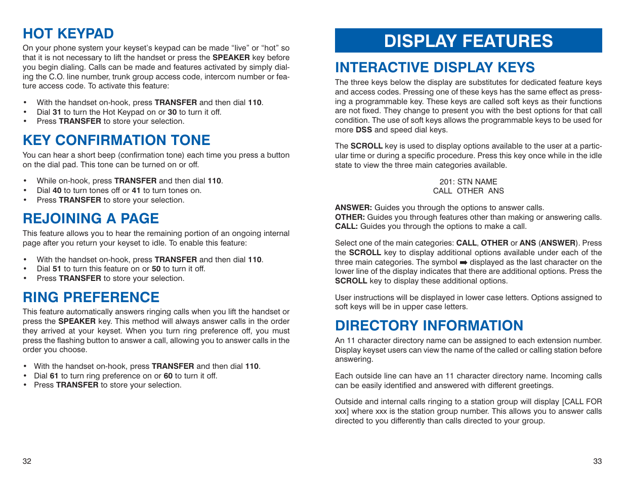 Display features, Interactive display keys, Directory information | Hot keypad, Key confirmation tone, Rejoining a page, Ring preference | Sharp DS 24D User Manual | Page 19 / 24