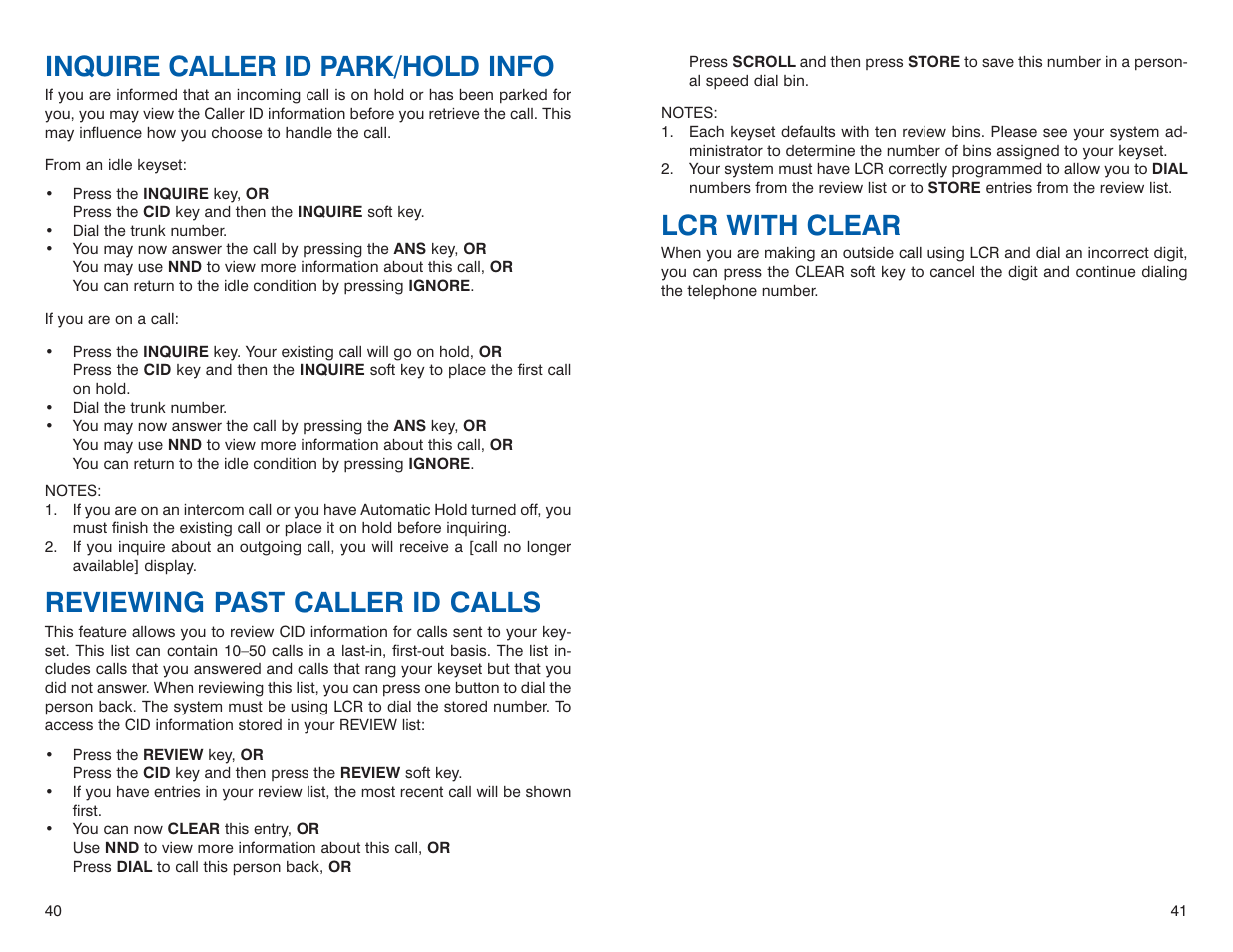 Lcr with clear, Inquire caller id park/hold info, Reviewing past caller id calls | Sharp DS 24D User Manual | Page 23 / 24