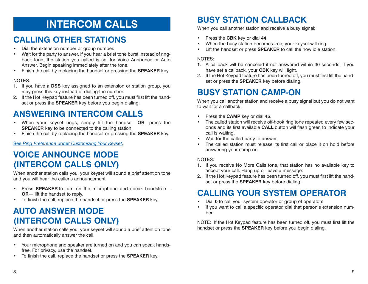 Intercom calls, Busy station callback, Busy station camp-on | Calling your system operator, Calling other stations, Answering intercom calls, Voice announce mode (intercom calls only), Auto answer mode (intercom calls only) | Sharp DS 24D User Manual | Page 7 / 24