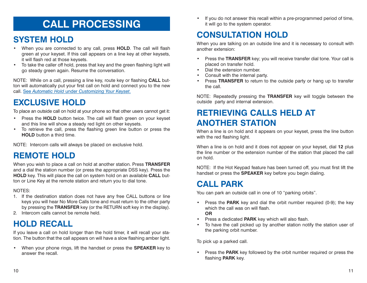 Call processing, Consultation hold, Retrieving calls held at another station | Call park, System hold, Exclusive hold, Remote hold, Hold recall | Sharp DS 24D User Manual | Page 8 / 24