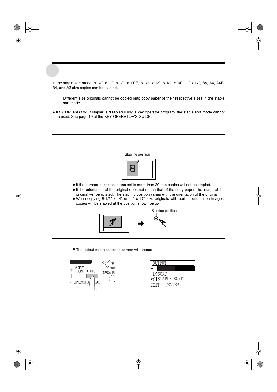 Staple sort, Output no sort sort staple sort exit center, Center | Sharp AR-275 User Manual | Page 108 / 130
