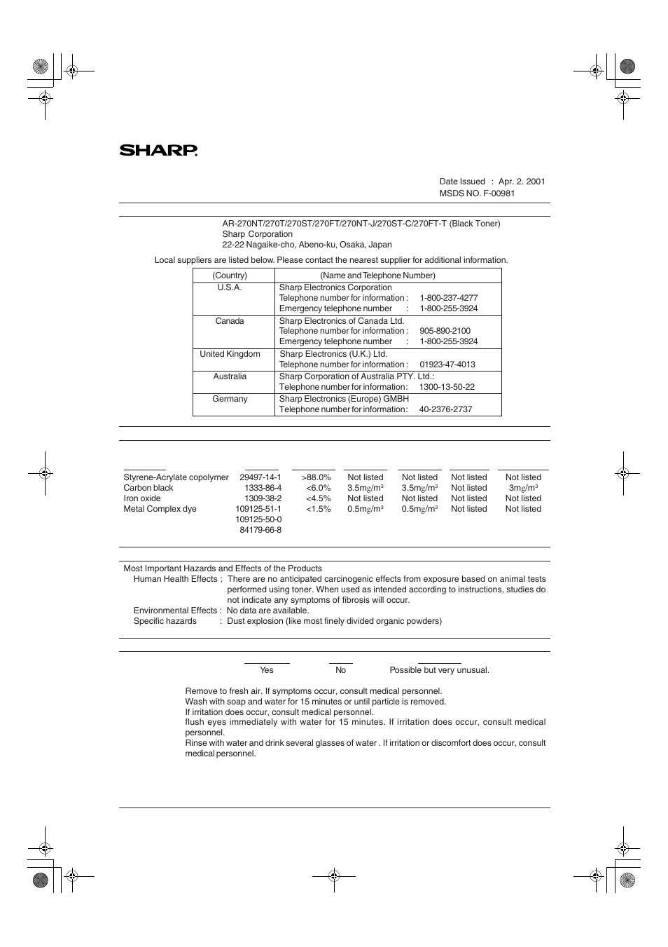 Material safety data sheet | Sharp AR-275 User Manual | Page 121 / 130