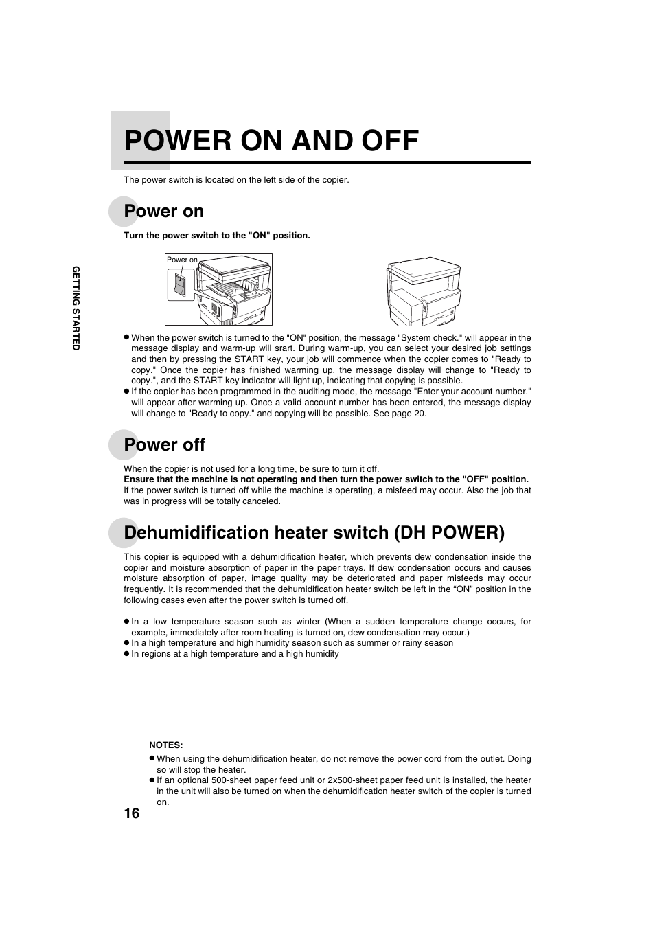 Power on and off, Power on, Power off | Dehumidification heater switch (dh power) | Sharp AR-275 User Manual | Page 18 / 130