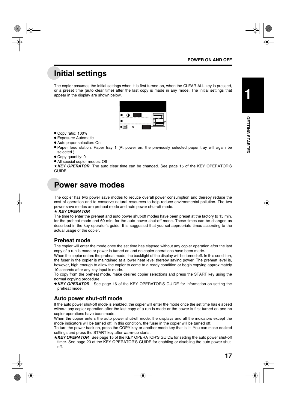 Initial settings, Power save modes, Preheat mode | Auto power shut-off mode, Ready to copy | Sharp AR-275 User Manual | Page 19 / 130
