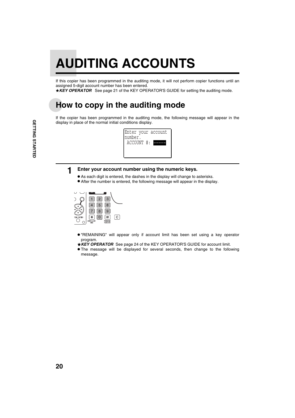 Auditing accounts, How to copy in the auditing mode, Enter your account number. account | Sharp AR-275 User Manual | Page 22 / 130
