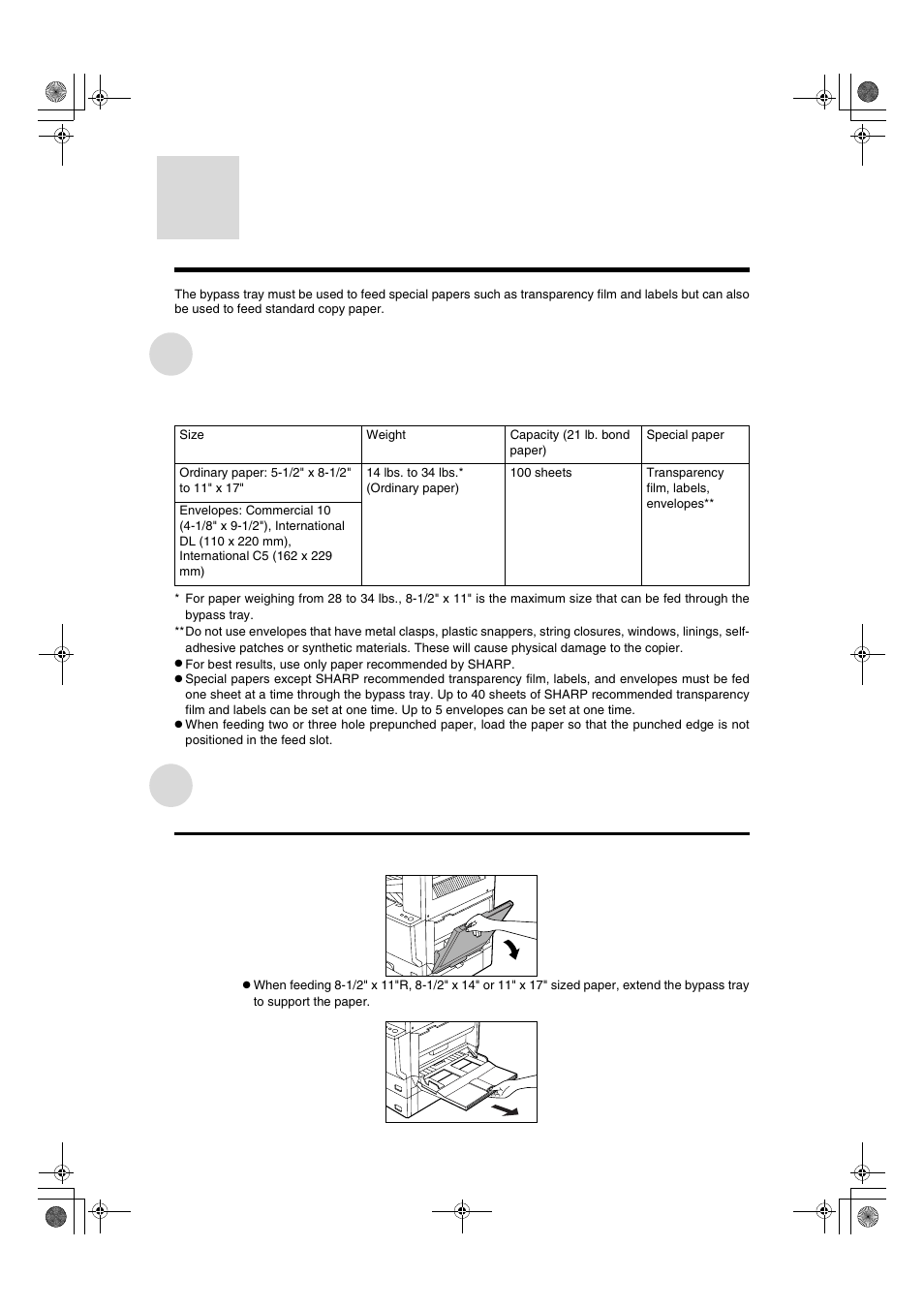 Bypass feed (special paper), Acceptable paper for copying from the bypass tray, Copying from the bypass tray | Sharp AR-275 User Manual | Page 38 / 130