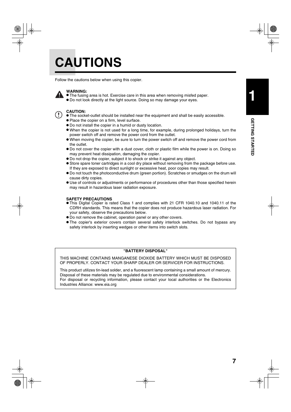 Cautions | Sharp AR-275 User Manual | Page 9 / 130
