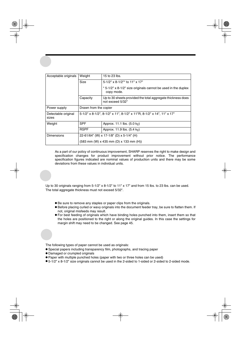 Specifications, Acceptable originals, Unacceptable originals | Sharp AR-275 User Manual | Page 96 / 130