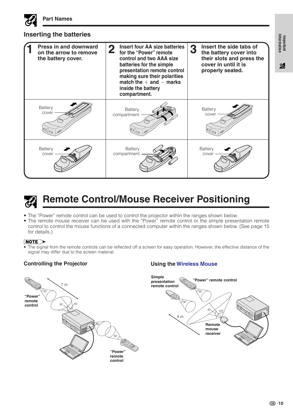 Remote control/mouse receiver positioning, Remote control/mouse receiver, Positioning | Inserting the batteries | Sharp XG-NV51XE User Manual | Page 13 / 55