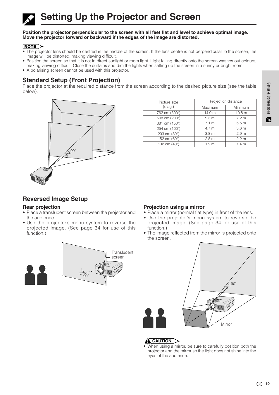 Setup & connections, Setting up the projector and screen, Standard setup (front projection) | Reversed image setup, Setting up the projector and screen ………… 12 | Sharp XG-NV51XE User Manual | Page 15 / 55