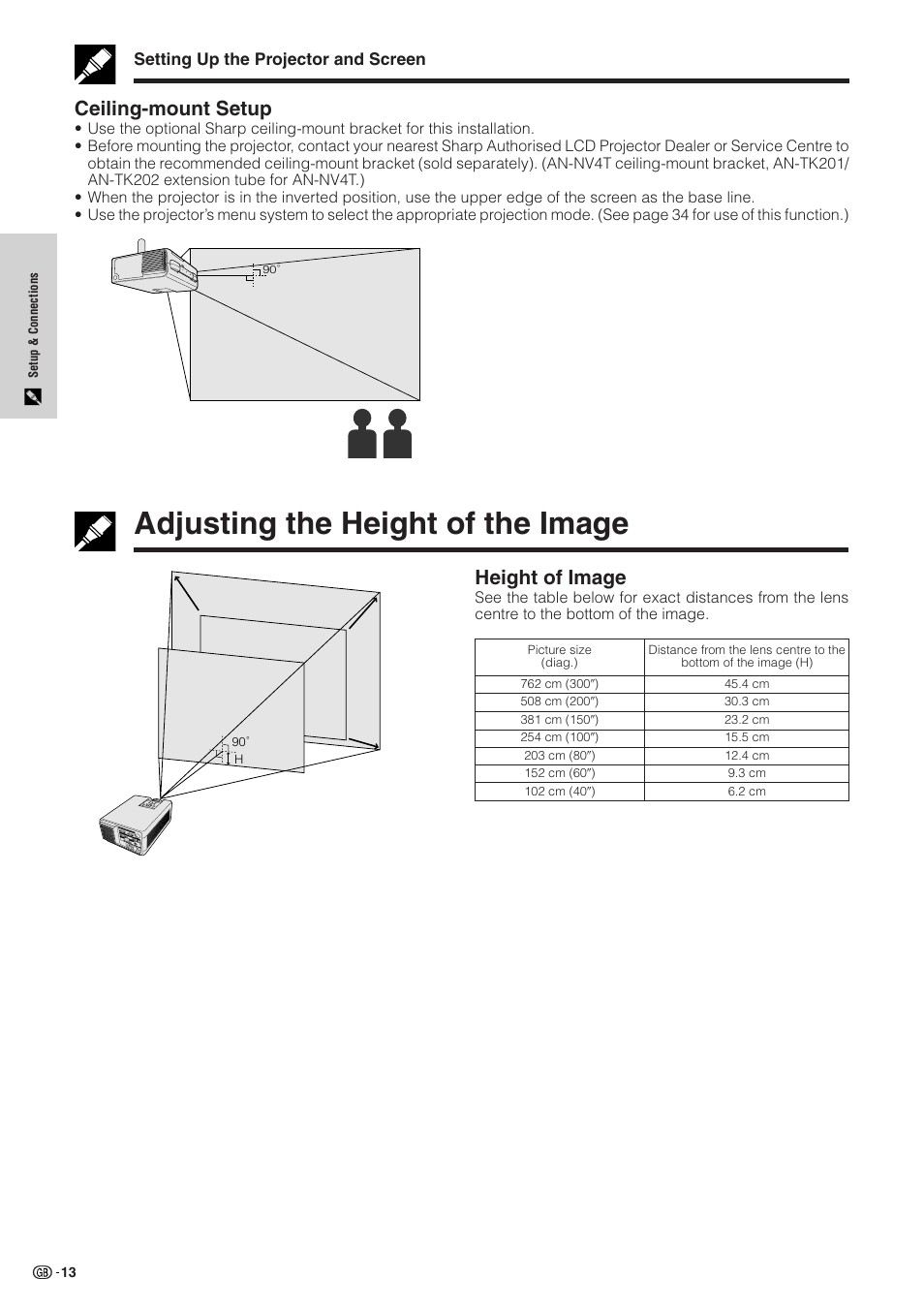 Ceiling-mount setup, Adjusting the height of the image, Height of image | Ceiling-mount setup …………………………… 13, Height of image ………………………………… 13, Setting up the projector and screen | Sharp XG-NV51XE User Manual | Page 16 / 55